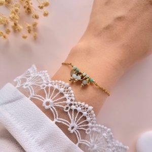 Bracelet amazonite doré Cassandre n°3 porté au poignet avec breloques rondes en cuivre doré